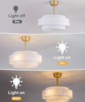 XINGSIYUELYX Gold Ceiling Fan in different lighting; light off, light on, showcasing the design in gold and white.
