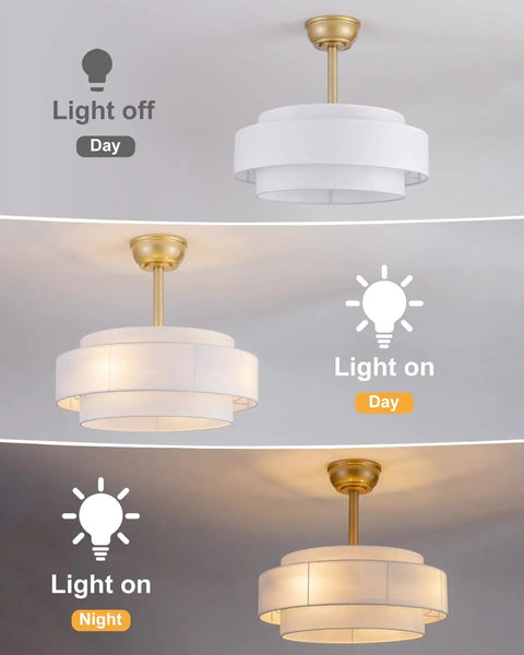 XINGSIYUELYX Gold Ceiling Fan in different lighting; light off, light on, showcasing the design in gold and white.