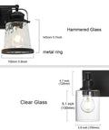 Black 3 Light Industrial Vanity Sconces With Hammered Glass Shades details showing dimensions and clear glass design