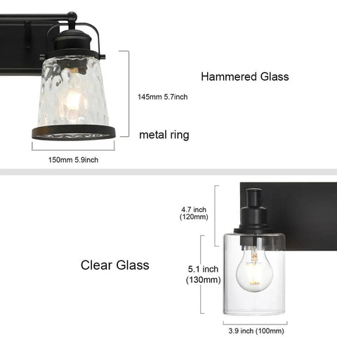 Black 3 Light Industrial Vanity Sconces With Hammered Glass Shades details showing dimensions and clear glass design