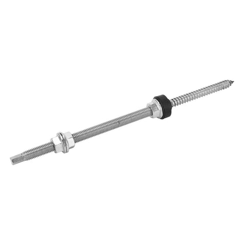 Built Tough Stainless Steel Double Ended Bolts For Solar Panel Arrays Rock Solid PV Rack Hardware And Locking Fasteners No Sweat Install Four Piece Kit, showing a double threaded mounting bolt.