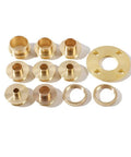 Brass Router Template Guide Kit, 11-Piece Set With Lock Nut Adapter, Machined Bushings For Porter Cable Style Sub-Base displayed on surface