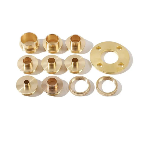 Brass Router Template Guide Kit, 11-Piece Set With Lock Nut Adapter, Machined Bushings For Porter Cable Style Sub-Base displayed on surface