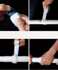 Hands applying Instant Self Fusing Leak Repair Tape For Kitchen And Plumbing, Waterproof Heat Resistant Silicone Tape on a white pipe.