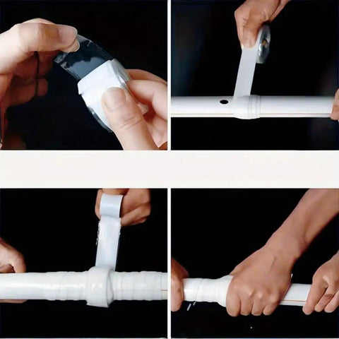 Hands applying Instant Self Fusing Leak Repair Tape For Kitchen And Plumbing, Waterproof Heat Resistant Silicone Tape on a white pipe.