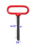Front view of Heavy Duty Three Eighths Inch Trailer Tow Clevis Pin With Red Handle And Clip Five Inch Long Hardened Steel With Black Powder Coat.
