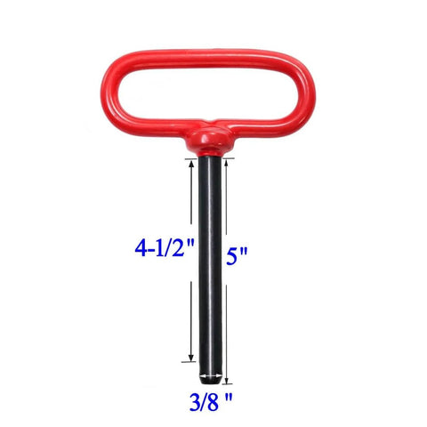 Front view of Heavy Duty Three Eighths Inch Trailer Tow Clevis Pin With Red Handle And Clip Five Inch Long Hardened Steel With Black Powder Coat.