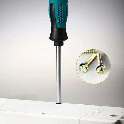 Four Piece U Type Screwdriver Set With Slick Magnetic Tips And Rugged Tpr Handles Chrome Vanadium Steel Construction Built Tough For Precision Mini Repairs And Tight Spaces Without Breaking A Sweat Top Shelf Quality, u-shaped driver inserted into a white panel with visible screws.