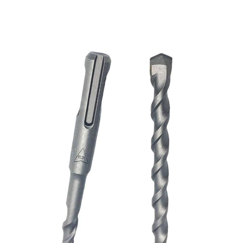 Close-up of two 8x160 mm masonry drill bits: carbide-tipped SDS-Plus bit on left, spiral bit on right