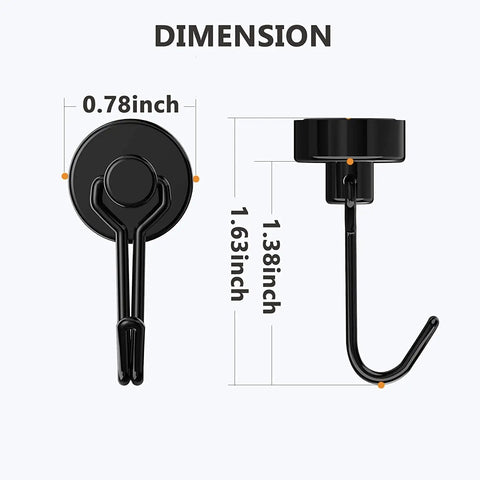 Heavy Duty Magnetic Hooks Neodymium Magnets 30Lbs Strength Rust Proof For Fridge Or Refrigerator Oven Grill Kitchen Tools And Utensils Holder Outdoor For Keys Towels Aprons Coats And Wreath Hangers - front and side view dimensions.