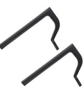 Two black metal hold fasts for woodworking, part of the Rock Solid Workbench Clamp Set For Woodworking Holds Your Boards Tight.