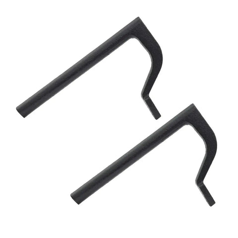 Two black metal hold fasts for woodworking, part of the Rock Solid Workbench Clamp Set For Woodworking Holds Your Boards Tight.