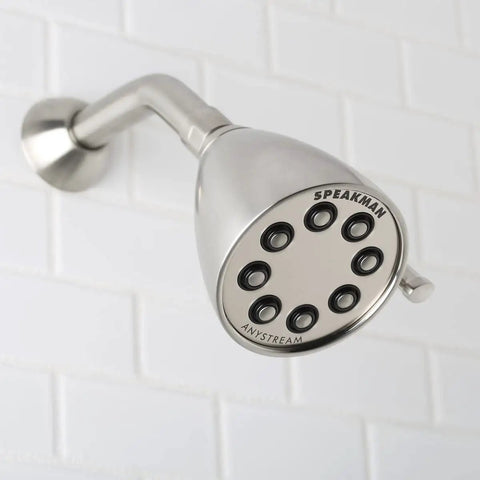 Icon Series Anystream High Pressure Adjustable Solid Brass Shower Head In Matte Black With 2.5 GPM Flow on tiled wall