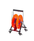 Heavy Duty Wire Spool Rack On Wheels Built Tough With Multi Axis Cable Caddy Dispenser, orange spools and steel frame visible