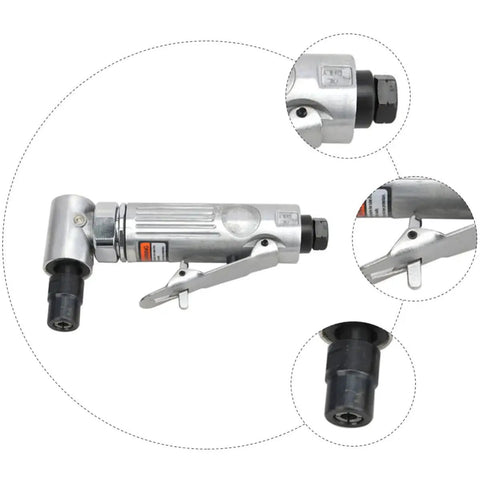 Professional Grade Kick Ass Pneumatic Air Die Grinder Spinning Wild At Twenty Five Thousand RPM For Slick Polish Heavy Metal Wood Tire Wall Projects side view with silver body and black socket