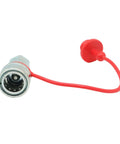 Hydraulic quick-connect coupling with red cap and lanyard, 1/2-inch ISO 5675, metal body (front view)