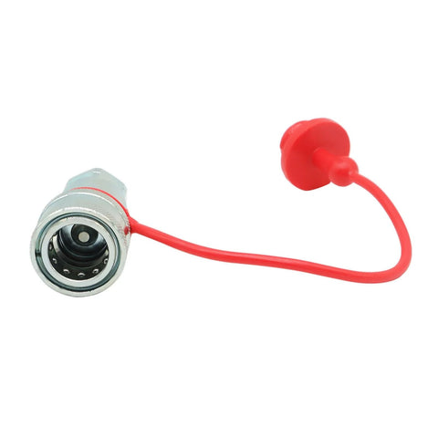 Hydraulic quick-connect coupling with red cap and lanyard, 1/2-inch ISO 5675, metal body (front view)