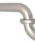 Extended Fifteen Inch Traditional Style Decorative P Trap With Satin Nickel Finish Built To Last Brass Construction One And A Quarter Inch By One And A Quarter Inch Connections Cut Down Waste Bend Tube To Fit Includes Reducing Washer For One And A Half, side view of satin nickel brass P-trap.