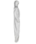 Side view Disposable Coveralls A35 With Hood White 2XL Liquid And Particle Protection Microporous Film Laminated Lightweight PPE Gear Suit