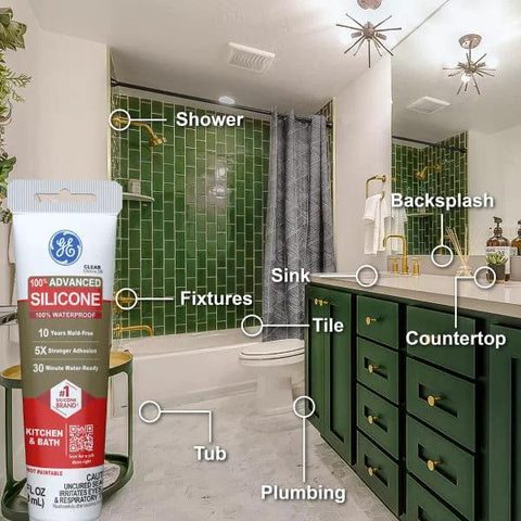 Advanced Silicone Caulk For Kitchen And Bathroom White 2.8 Fl Oz Tube 1 Pack 100 Percent Waterproof Sealant in front of bathroom.