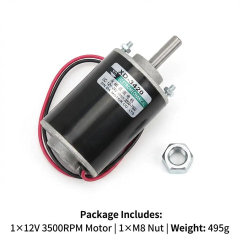 High Torque 12V DC Brushed Motor, 30W, 3500RPM, Reversible CW CCW with short shaft and included nut, ideal for DIY and robotics.
