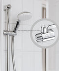 Chrome handheld shower with rail; inset shows 304 stainless steel shut-off valve with 1/2 in NPT threads.