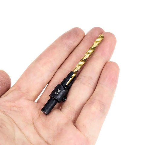Top Shelf Five Piece Countersink And Step Drill Bit Set For Serious Woodworking And Metal Work Heavy Duty High Speed Steel Construction, shown in hand.
