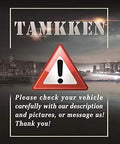 Warning caution sign on a cityscape background reminding to verify vehicle compatibility. TAMKKEN branding present.