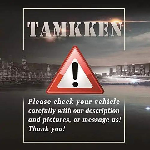 Warning caution sign on a cityscape background reminding to verify vehicle compatibility. TAMKKEN branding present.