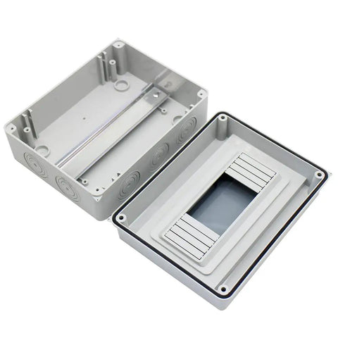 Rugged 8 Way IP65 ABS Distribution Protection Box With DIN Rail Mount For Electrical Panels And Industrial Use Waterproof Power Enclosure In Gray Durable Plastic Case For Control Gear, open gray ABS box with DIN rail