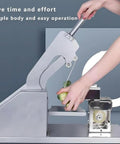 Semi Automatic Vegetable Strapping Machine For PE PVC Film Bundling Steel Build Adjustable Workbench Tightness Control Supermarket Market Fresh Produce Binding Solution in use with a user operating it.