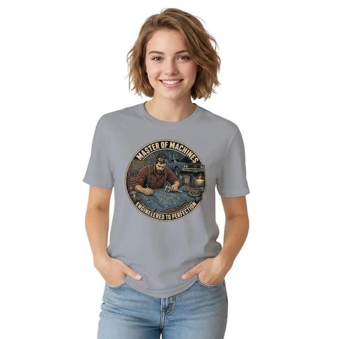 Awesome Soft Cotton Tee For Mechanical Engineers Featuring Vintage Blueprint And Engine Part Designs, worn by a woman in gray.