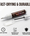 Black Touch Up Paint For Cars And Motorcycles With 2 In 1 Brush And Pen For Easy No Fuss Scratch Repair OEM Color Matching Across 90 Percent Of Models Quick Dry Formula Multi Brand Vehicle Kit showing fast-drying features.