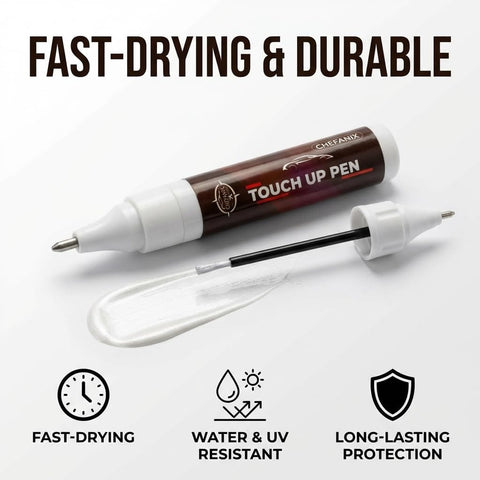Black Touch Up Paint For Cars And Motorcycles With 2 In 1 Brush And Pen For Easy No Fuss Scratch Repair OEM Color Matching Across 90 Percent Of Models Quick Dry Formula Multi Brand Vehicle Kit showing fast-drying features.