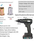 Heavy Duty Cordless Blind Rivet Nut Tool With 21V Brushless Motor And No Sweat Automatic Ramm Gun For Super Fast M3 To M10 Threaded Insert Assembly That Makes Tough Jobs A Breeze specifications and dimensions overview.