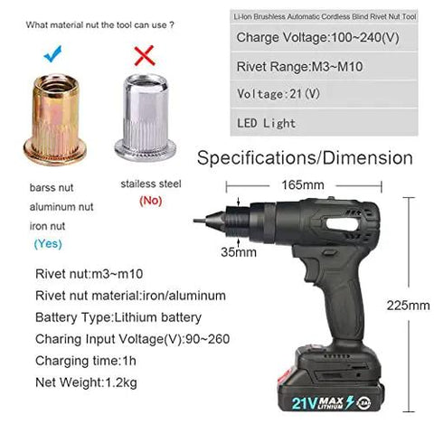 Heavy Duty Cordless Blind Rivet Nut Tool With 21V Brushless Motor And No Sweat Automatic Ramm Gun For Super Fast M3 To M10 Threaded Insert Assembly That Makes Tough Jobs A Breeze specifications and dimensions overview.