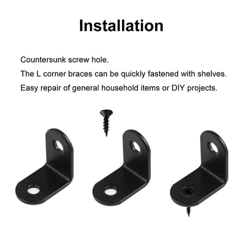Three black 1 inch Rock Solid L Bracket Corner Braces with screws for 90 degree wood joints installation guidance.