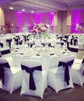 10 Piece Satin Chair Sashes Bows For Wedding Reception And Banquet Decor Universal Back Tie displayed on banquet chairs
