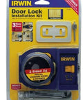 Front view of Door Lock Installation Kit For Wooden Doors With Self Centering Jig Adjustable Backset Two And Three Eighths Or Two And Three Quarters Inches Includes Carbon Hole Saws For Wood Router Bit And Bolt Plate Templates Interior And Exterior Door Install packaging.
