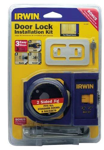 Front view of Door Lock Installation Kit For Wooden Doors With Self Centering Jig Adjustable Backset Two And Three Eighths Or Two And Three Quarters Inches Includes Carbon Hole Saws For Wood Router Bit And Bolt Plate Templates Interior And Exterior Door Install packaging.