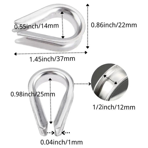 Heavy Duty 316 Stainless Steel Half Inch Wire Rope Thimble For Marine Boat Rigging And Anchor Splicing showing dimensions and detail.