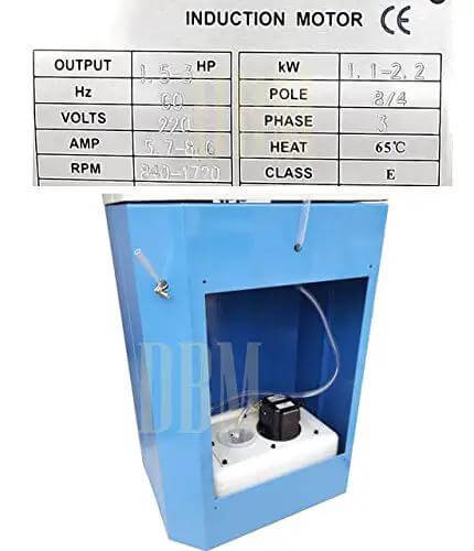 Induction motor specs and design, featuring 1.5 HP output and details for Badass 3 Phase Cold Saw With 14 Inch Blade.