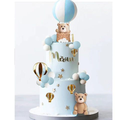 Hot Air Balloon Cake Topper Set With White Cloud Accents And Cute Bears For Cakes And Desserts Includes Balloon Basket Two Bears Six White Cloud Pieces And Color Balls For Fun Party Decorating on cake
