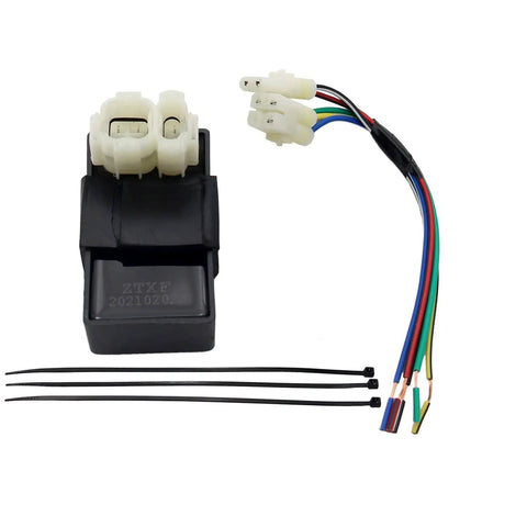 6 Pin AC CDI Box For GY6 Scooters And ATVs Plug And Play CDI Cable Wire Adapter Connector For 50cc 125cc 150cc 4 Stroke Engines Easy Install Durable CDI Ignition Module For Moped Quad Go Kart Bike, shown with connectors and cable ties