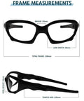 Badass Wraparound Safety Glasses Featuring Dope Black Full Rim Frames And Impact Resistant Polycarbonate Photochromic Lenses measurement details from front and side views.