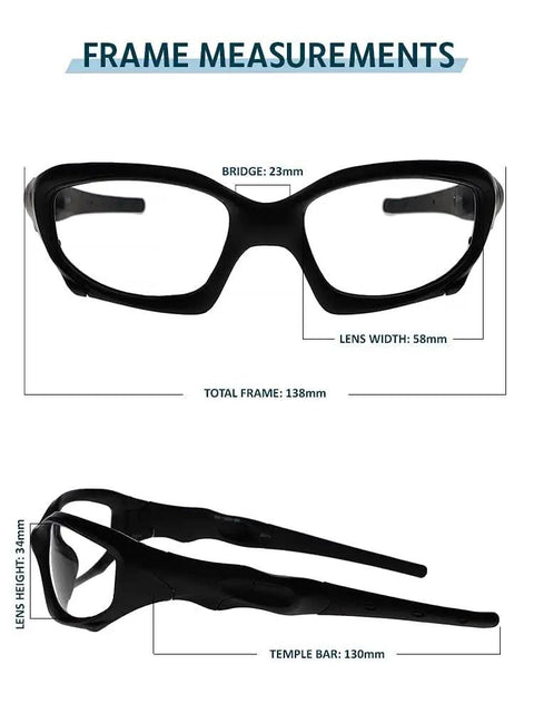 Badass Wraparound Safety Glasses Featuring Dope Black Full Rim Frames And Impact Resistant Polycarbonate Photochromic Lenses measurement details from front and side views.