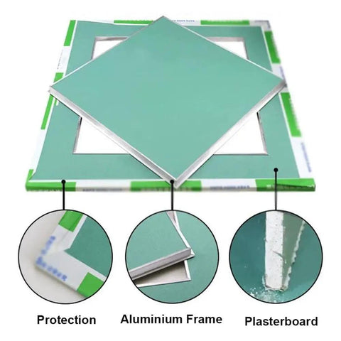 Slick Build Invisible Access Panel For Drywall Ceilings Featuring Rugged Aluminum Frame and Easy Peel Cover detail with plasterboard.