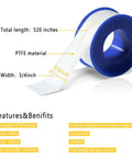 Four Rolls Of Three Quarter Inch White Teflon Tape For Plumbers PTFE Thread Sealant Pipe Sealing Shower Heads 520 Inches Per Roll Leak Proof Water And Gas Tight with blue spool