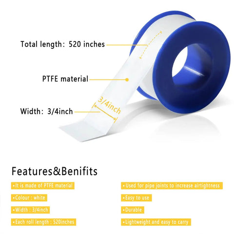 Four Rolls Of Three Quarter Inch White Teflon Tape For Plumbers PTFE Thread Sealant Pipe Sealing Shower Heads 520 Inches Per Roll Leak Proof Water And Gas Tight with blue spool
