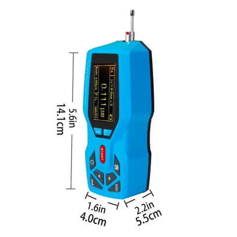Slick Handheld Digital Surface Roughness Tester Portable Profilometer measuring Ra Rz with display and buttons in blue.